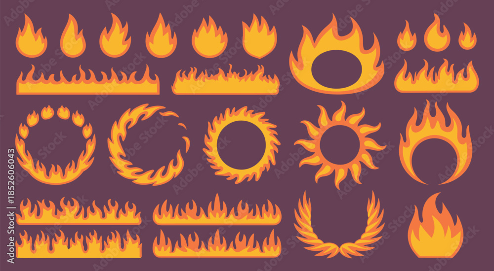 Εκτύπωση καμβά Fire flames creating dramatic frames, collection of fiery borders with glowing g