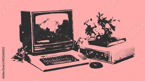 Vintage computer set with monitor, keyboard, and mouse. Features a flower arrangement against a pink background, showcasing a retro vector illustration.
