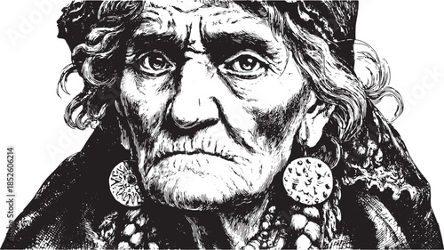 Elderly woman portrait with intense expression and detailed features in a black-and-white style. A unique vector illustration capturing cultural elements.