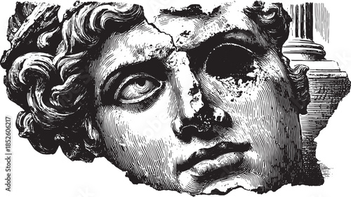 Black and white vector illustration of a classical statue face. Detailed artwork showcasing historical elements in a fine representation.
