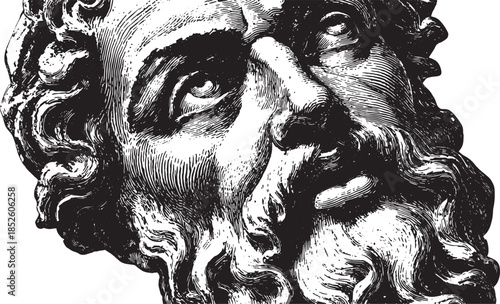 Ancient head sculpture in detailed monochrome style. Classic vector illustration showcasing fine craftsmanship and historical representation.