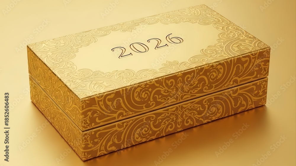 Fototapeta premium Golden Ornate Box with 2026 Engraving on Lid.