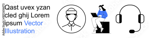 Remote work, virtual meetings, customer support, online training, communication tech, online collaboration. Person using laptop, headset user avatar icon. Remote work and virtual meetings concept