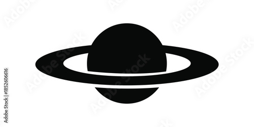 Saturn planet silhouette icon with rings in minimal black style isolated on transparent background.