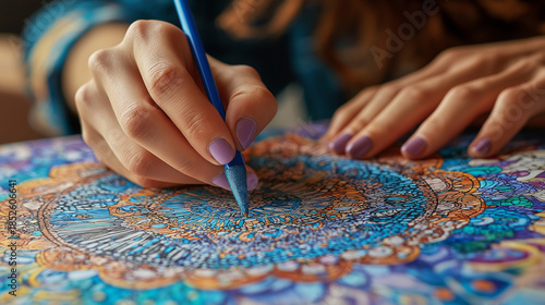 Close-up of Hands Coloring Intricate Mandala Pattern with Pencils for Art Therapy
