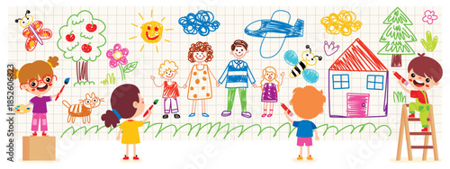 Cartoon Kids Painting On Wall