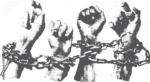 Clenched hands bound by chains represent resistance and the struggle for freedom. This vector illustration symbolizes strength in advocacy.