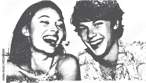 Smiling couple with joyful expressions in a black and white vector illustration. Bold and modern style capturing laughter and positivity.