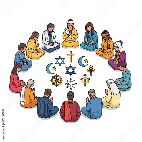 Diverse people in prayer around religious symbols representing unity and interfaith dialogue isolated on white backgroun