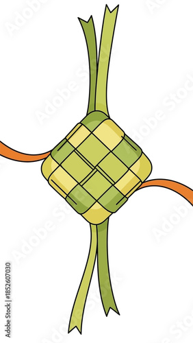 An illustration depicts a person skillfully weaving a traditional food item with green and orange strings on a white background  