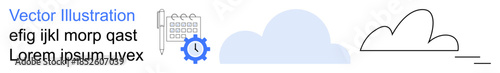 Cloud computing, online data management, cloud storage, digital organization, IT solutions, web services. Blue and black cloud, gear and calendar symbols. Cloud computing and online data management