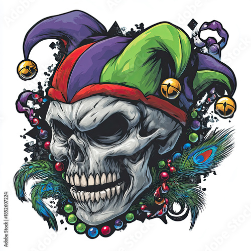 Vibrant Mardi Gras skull illustration with jester hat and festive decorations for celebration