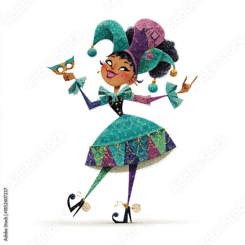 Whimsical Mardi Gras jester celebrating with vibrant colors and playful charm