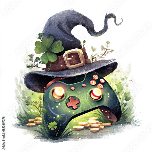 Celebrate St. Patricks Day with a festive gaming controller topped with a leprechaun's hat among shimmering coins and cheerful shamrocks