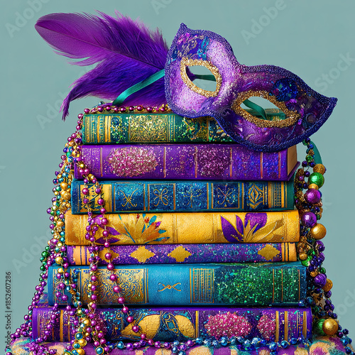 Celebrate reading with a stack of vibrant, Mardi Gras-themed books adorned with colorful beads and a feathered mask