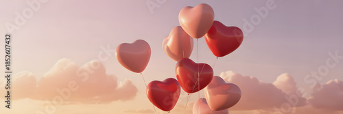 Pink and red heart balloons floating up towards a soft sunset sky