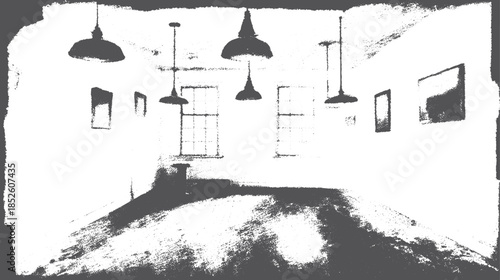 Minimalist room with white walls and ceiling lights. The interior features large windows and a simple floor, presented as a vector illustration.
