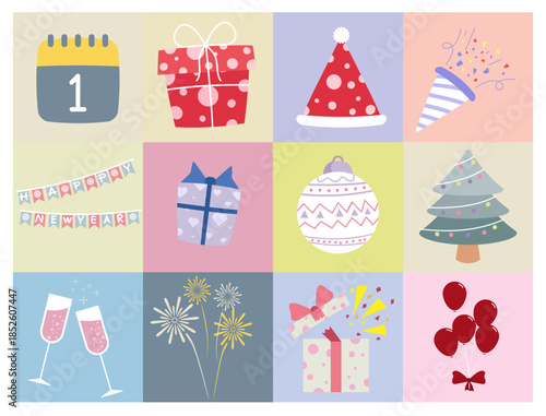 set of merry christmas and happy new year decoration element background flat design, for background, print, wrapping, greeting card etc,