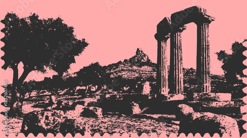 Ruins of ancient columns in a historical landscape. Silhouette of trees and rocky terrain in a colorful vector illustration.