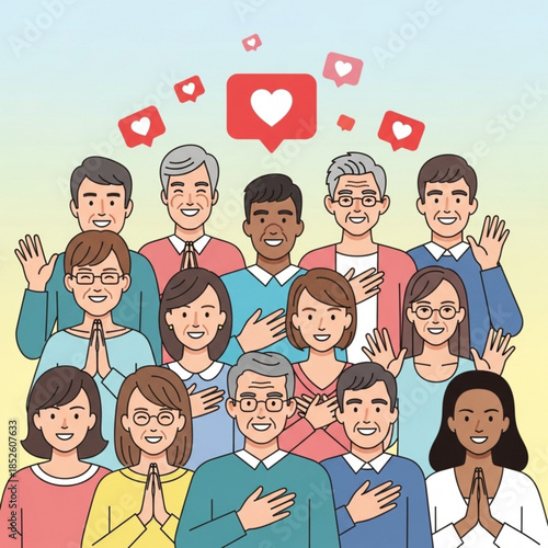 Diverse group of people showing love and appreciation social media likes and hearts concept of community and connection