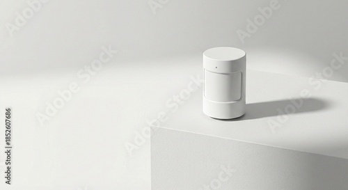 Minimalist white smart home motion sensor standing on a geometric podium against a clean monochrome background.