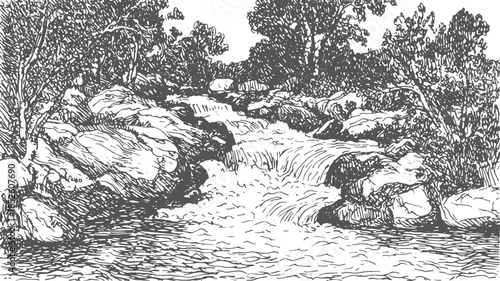 Detailed black and white vector illustration of a river flowing over rocks surrounded by trees. This landscape captures the serene beauty of nature.