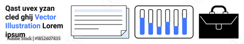Document with text, analytics in bar chart with blue levels, and black briefcase. Ideal for business, analysis, education, productivity, organization, corporate visuals simple landing page