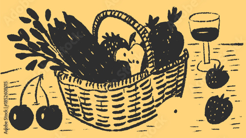 Basket filled with fruit: cherries, strawberries, and an apple, with a glass of wine. Simple vector illustration set on a black and yellow background.