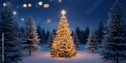 Illuminated christmas tree in snowy forest at night