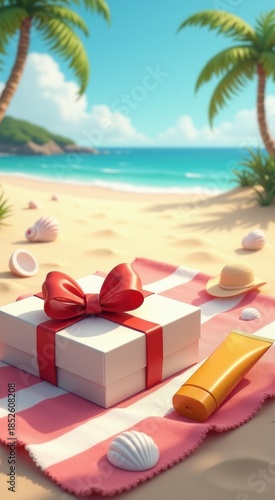 Present on a beach with a red ribbon travel concept vertical background copy space