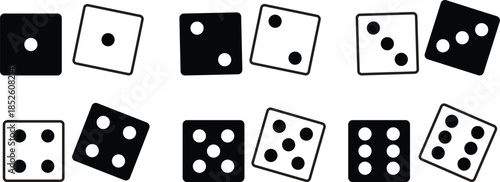  Dice icon set with all six faces. Dices flat icon for a race to guess the numbers or a gambling game illustration. Game dice icons in outline and filled vector styles. Gambling and board game symbol.