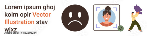 Identity verification, emotional expression, user profiles, problem-solving, emotions analysis, personal security. Sad face emotion, profile with authentication man carrying a puzzle. Identity
