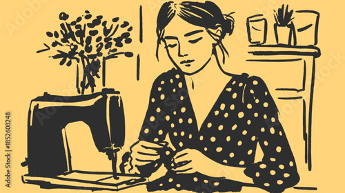 Woman sewing at a machine in a modern indoor setting. Black and white vector illustration capturing a relaxed lifestyle moment.