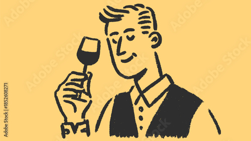 Man enjoying a glass of wine in sketch style. Colorful vector illustration focuses on the beverage and serving experience in a simple design.