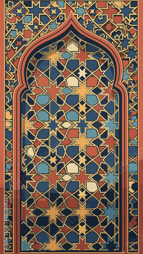 Intricate Islamic geometric pattern adorns an ornate archway, showcasing vibrant colors and symmetry,   inspiration