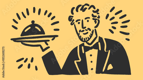 Waiter serving food on a platter. Simple, flat vector illustration in minimal style with a black outline on a yellow background, set in a professional context.