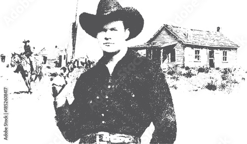 Cowboy with a gun and hat in a western scene. Black and white vector illustration set against a rustic landscape with a ranch.
