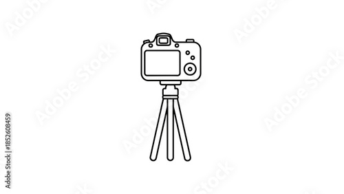 Camera on tripod, photography equipment, simple line drawing, minimalistic illustration, black and white