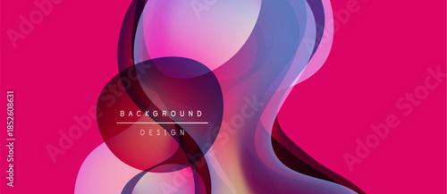 Abstract fluid shapes overlap, creating vibrant pink, purple hues. Text reads background design within central circle. Modern, dynamic composition.