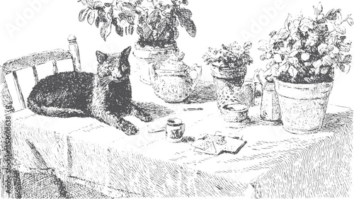 Black cat on a table surrounded by pots of plants. Vintage vector illustration featuring kitchen items in a cozy set.