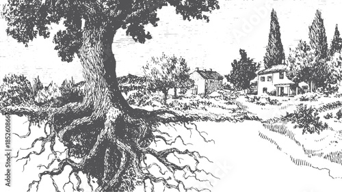 Tree with detailed roots and foliage in black and white. Rural landscape vector illustration featuring a village and countryside scenery.