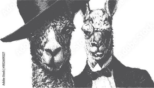 Llama portrait in vintage sketched style, featuring a tuxedo, hat, and glasses. This black and white vector illustration adds a stylish touch.