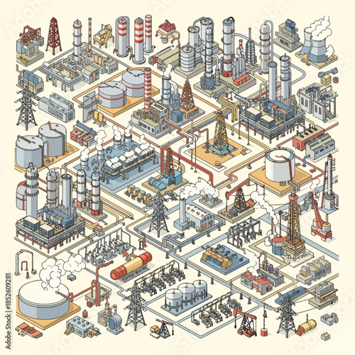 Isometric illustration of a sprawling industrial oil and gas refinery complex with interconnected pipelines and various processing units.