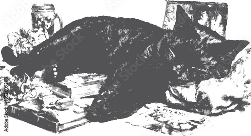 Black cat sleeping on a table among books and items. Vintage vector illustration showcasing cozy details in a set.