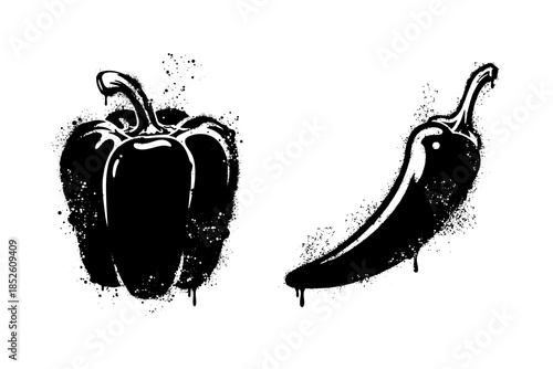 spicy chili and bell pepper graffiti stencil icons with paint splatter