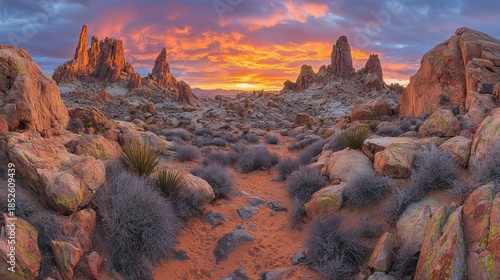 Desert landscape bathed in the vibrant hues of a setting sun, with rock formations