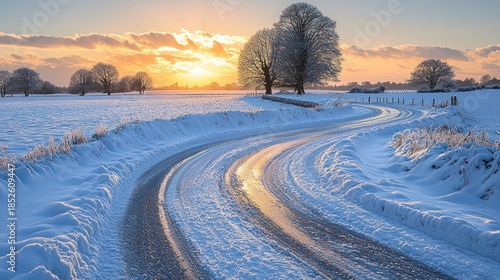 A winding road glistens with ice, leading towards a brilliant, snow-covered landscape at sunrise
