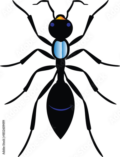 A captivating cartoon illustration of a black ant with blue details on a clean white background