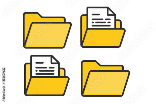 Folder vector icon collection with flat yellow folder designs, open and closed document symbols, file organization graphics, data management elements