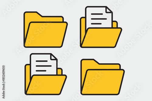 Folder icon set featuring flat design yellow folders with documents, including open and closed folder icons for file storage, data management, document directory